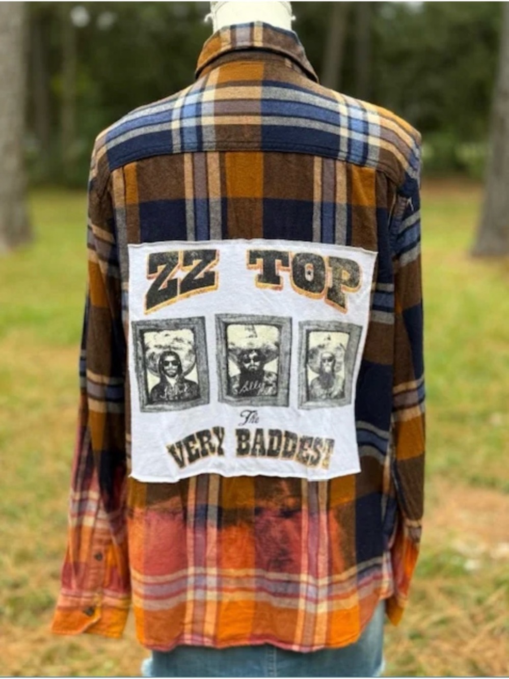Upcycled ZZ Top Plaid Flannel Shirt - Orange/Navy